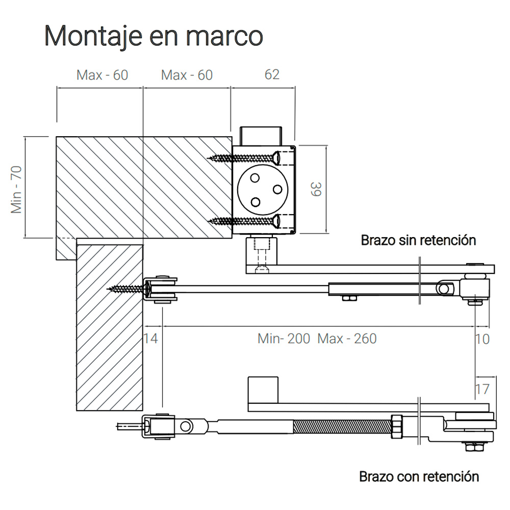 cierrapuertas hidraulico 100kg cotas montaje en marco