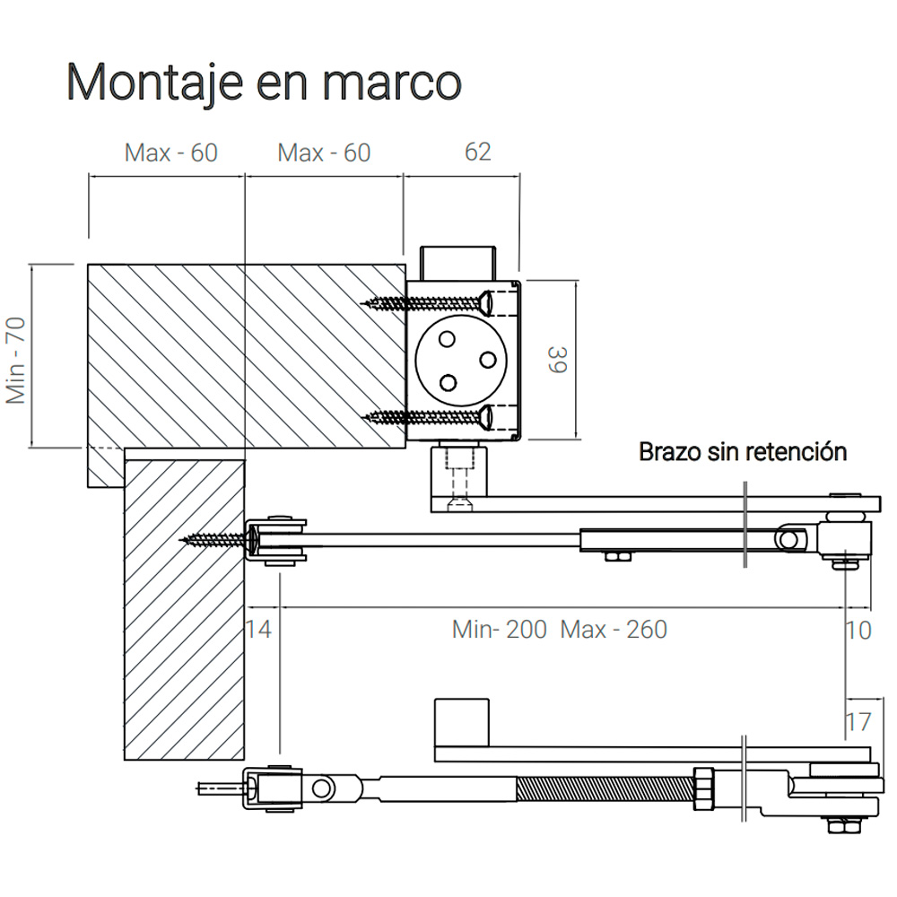 cierrapuertas hidraulico 120kg cotas montaje en marco