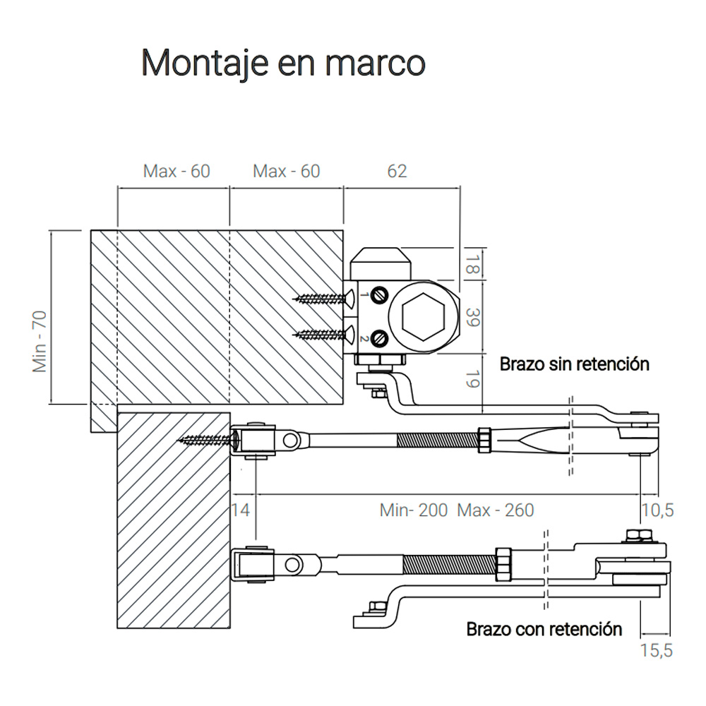 Cierrapuertas hidraulico sin bloqueo 80kg cotas montaje en marco