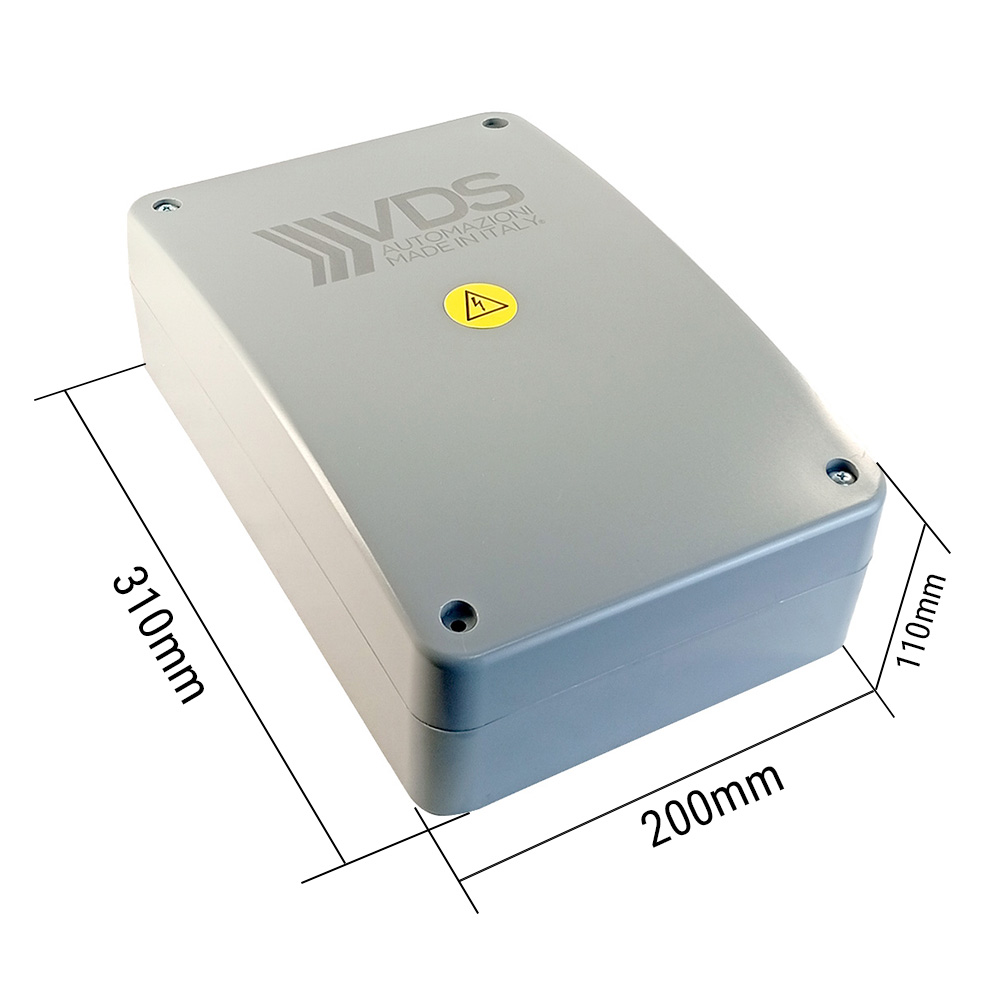 Medidas Caja para central electrónica E105/ECO con receptor para 1/2 motores 230v VDS