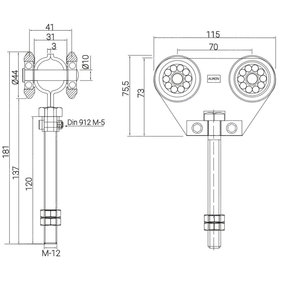 Roldana doble con rodamiento para puertas corredera colgantes 40 mm