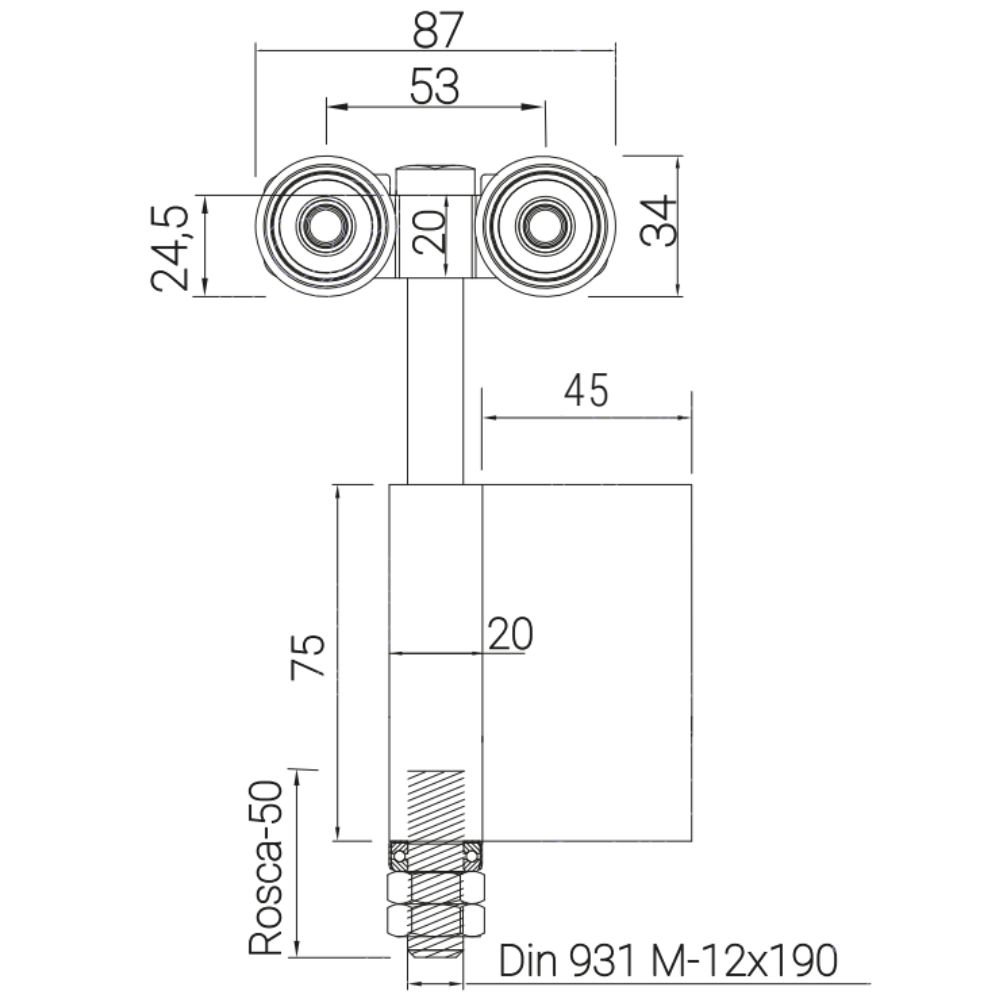 Roldana Doble para guía 50x45, para lateral de puerta con pala de 45