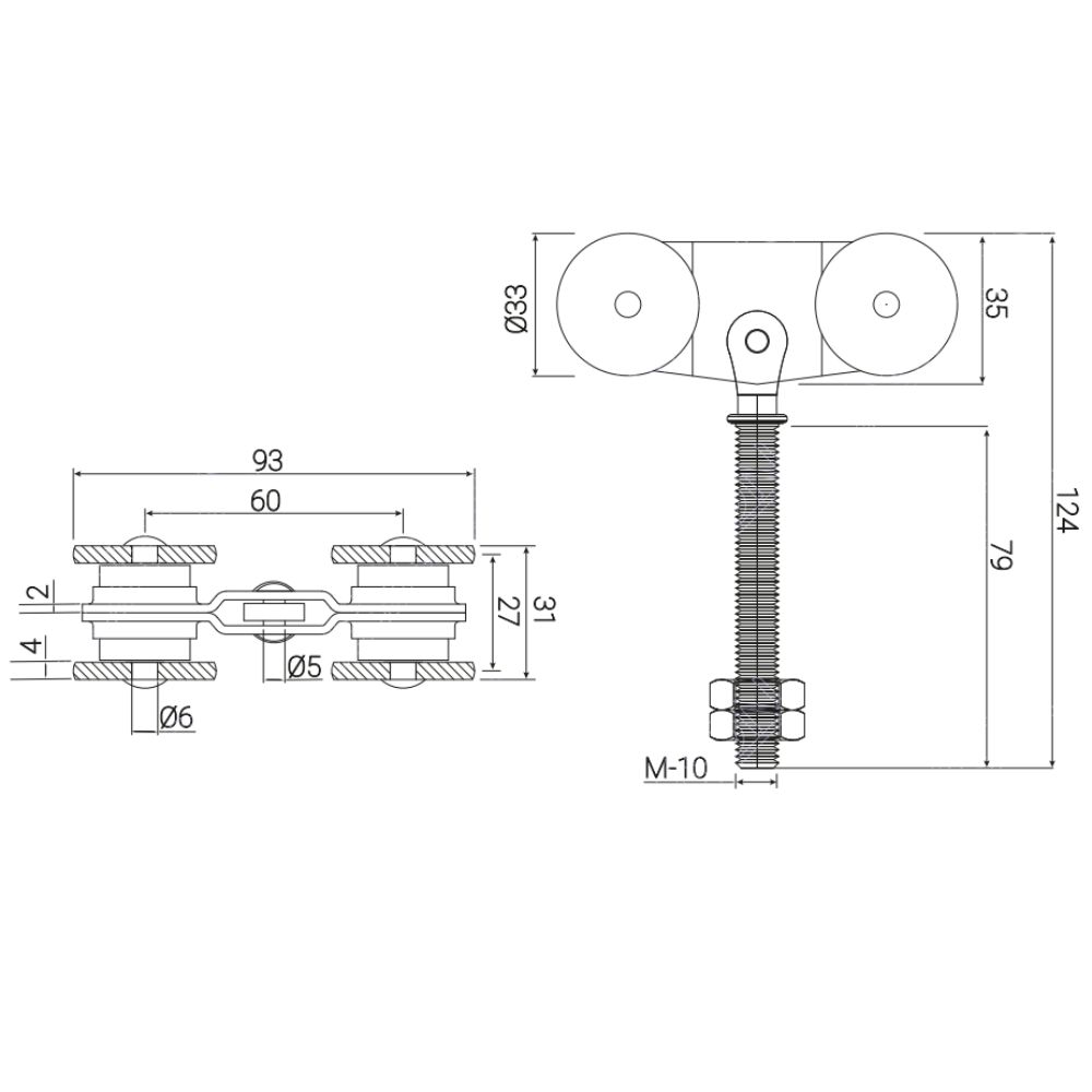 Roldana doble para puerta corredera colgante 40 mm