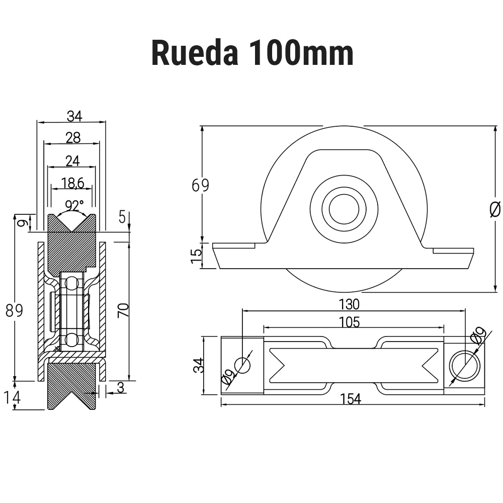 rueda con soporte atornillar/soldar canal angulo medida 100mm