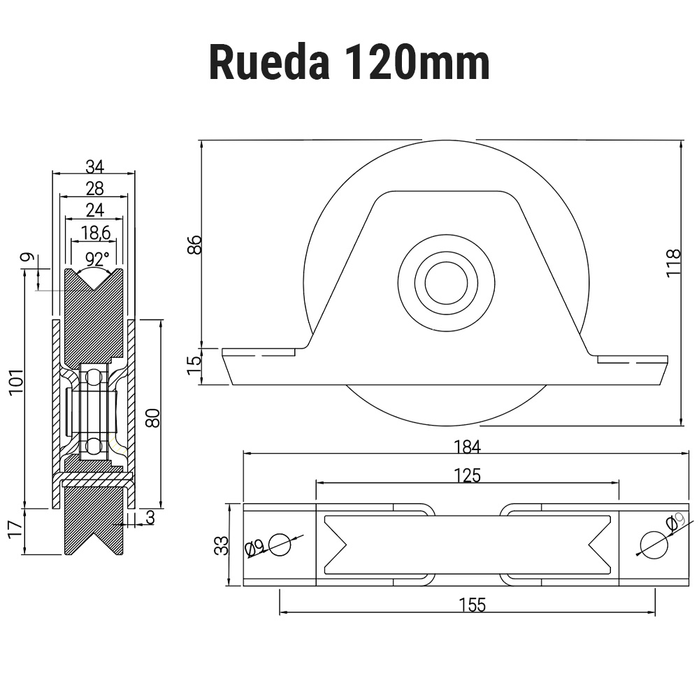 rueda con soporte atornillar/soldar canal angulo medida120mm