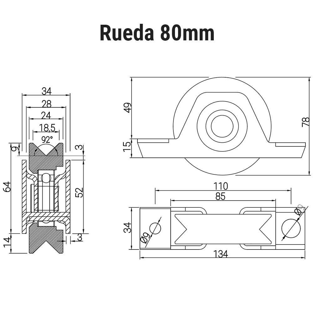 rueda soporte atornillar/soldar canal angulo medida 80mm