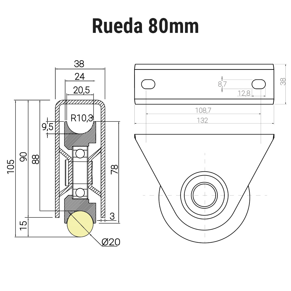rueda canal redondo con soporte para sobreponer medidas 80mm