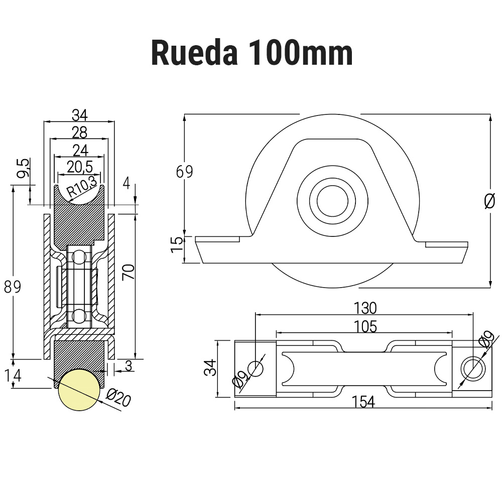 rueda con soporte atornillar/soldar canal redondo medida 100 mm