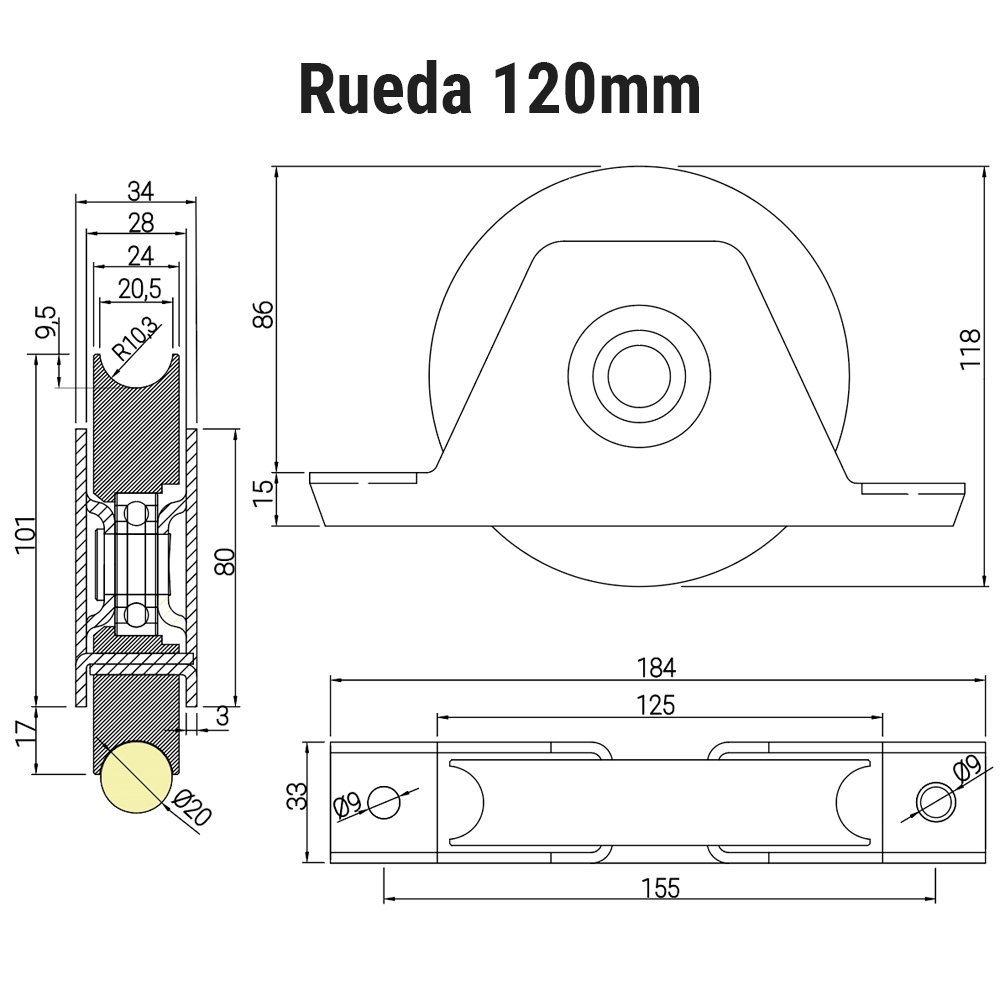 rueda con soporte atornillar/soldar canal redondo medida 120mm