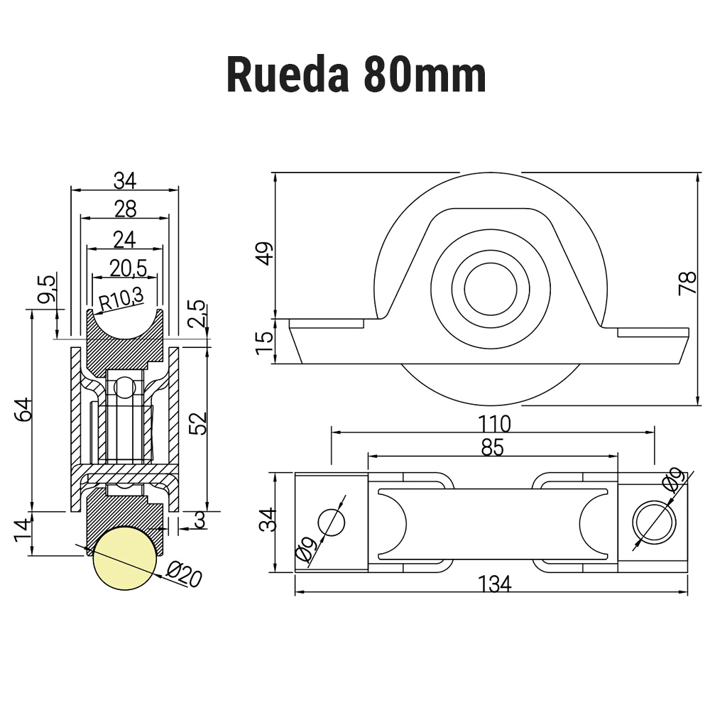 rueda con soporte atornillar7soldar canal redondo medidas 80mm