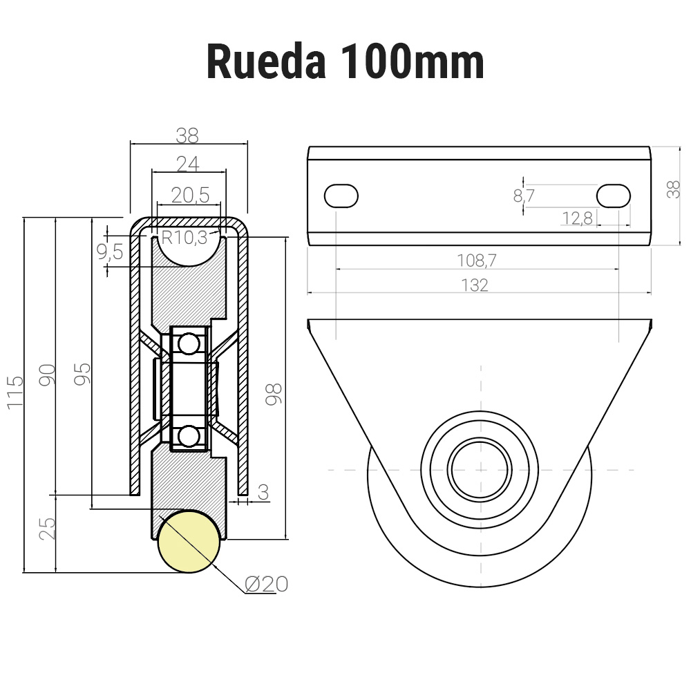 rueda con soporte sobreponer canal redondo medida 100mm