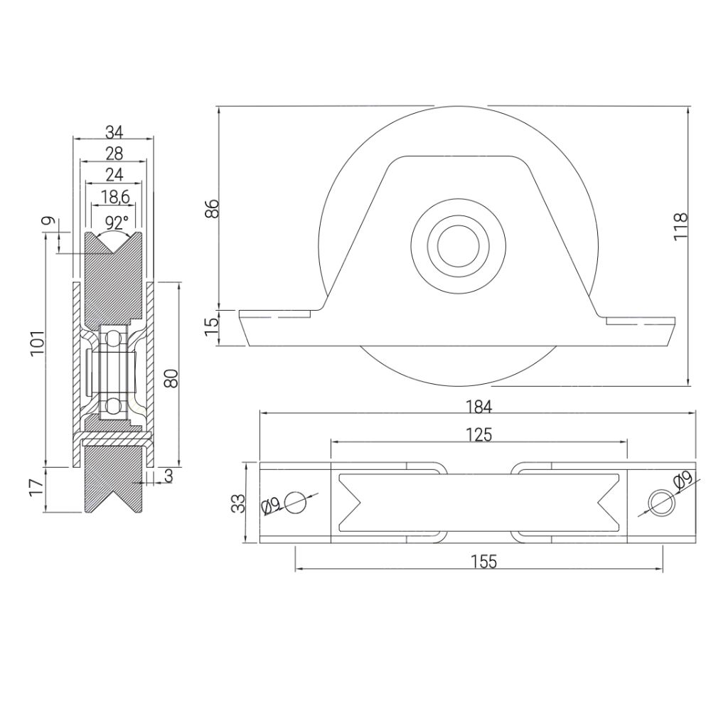 Rueda 120 mm con soporte atornillar/soldar canal ángulo Acero Inoxidable