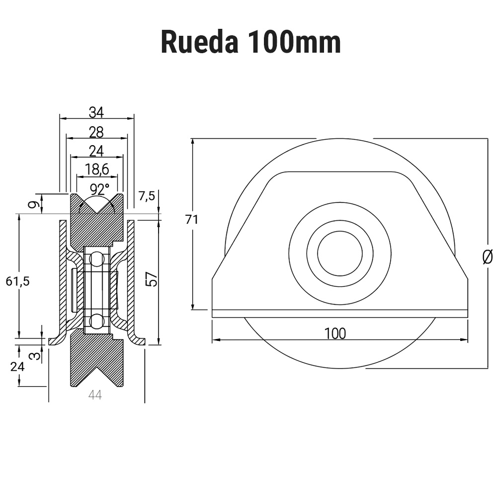 Rueda canal angulo medida diametro 100