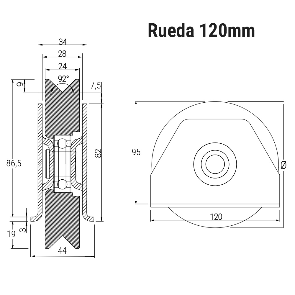 Rueda canal angulo medida diametro 120