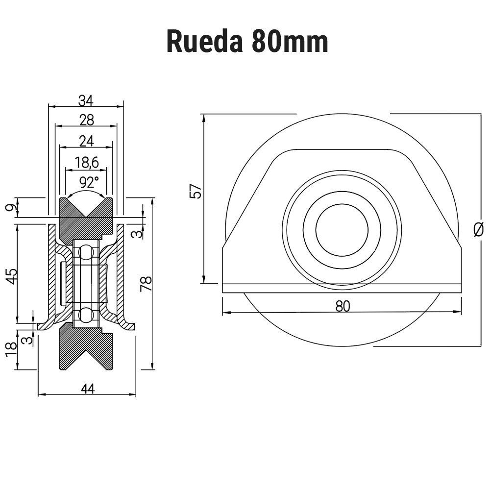 Rueda canal angulo medida diametro 80