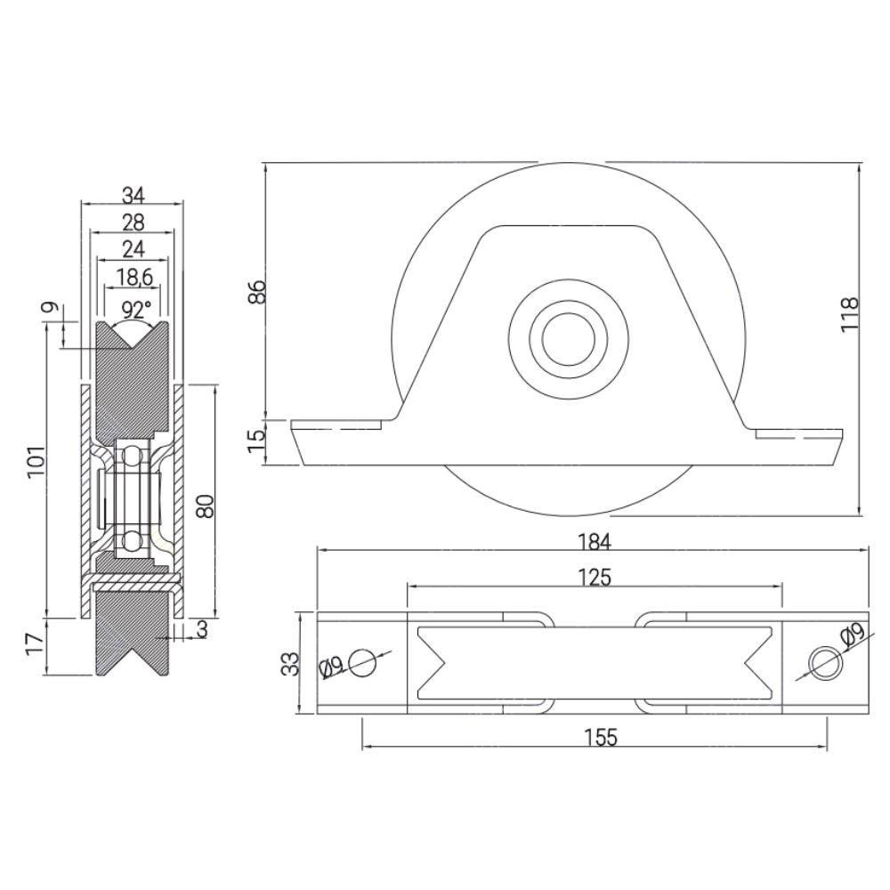 Rueda de 120 Mm. Para Corredera, Canal Angulo, con soporte para atornillar