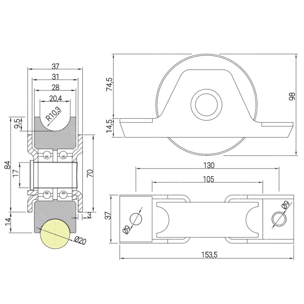 Rueda Nylon 100 mm canal redondo 20 mm con soporte para atornillar/soldar