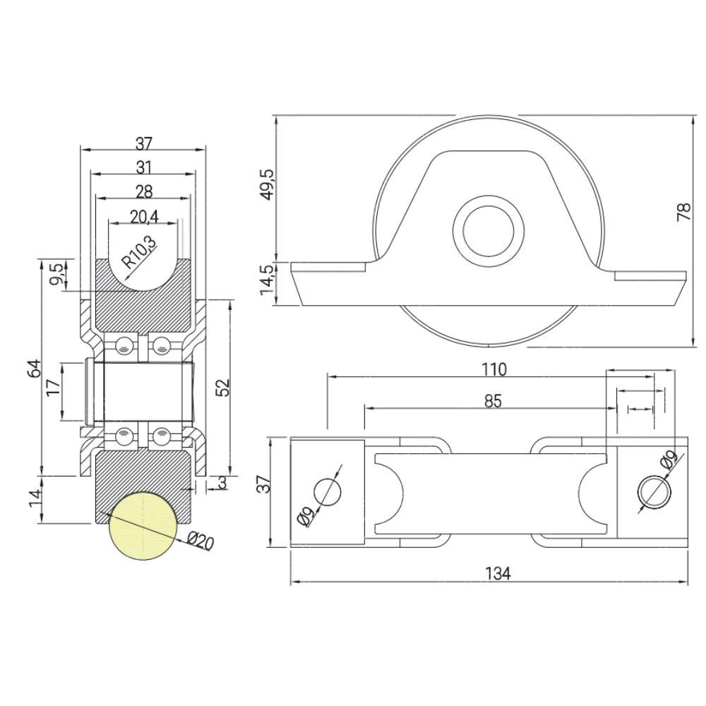 Rueda Nylon 80 mm canal redondo 20 mm con soporte para atornillar/soldar