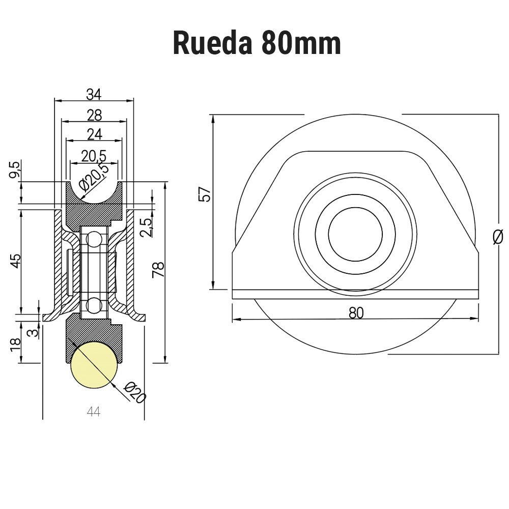 Rueda canal redondo 20 mm con soporte medida diametro de 80